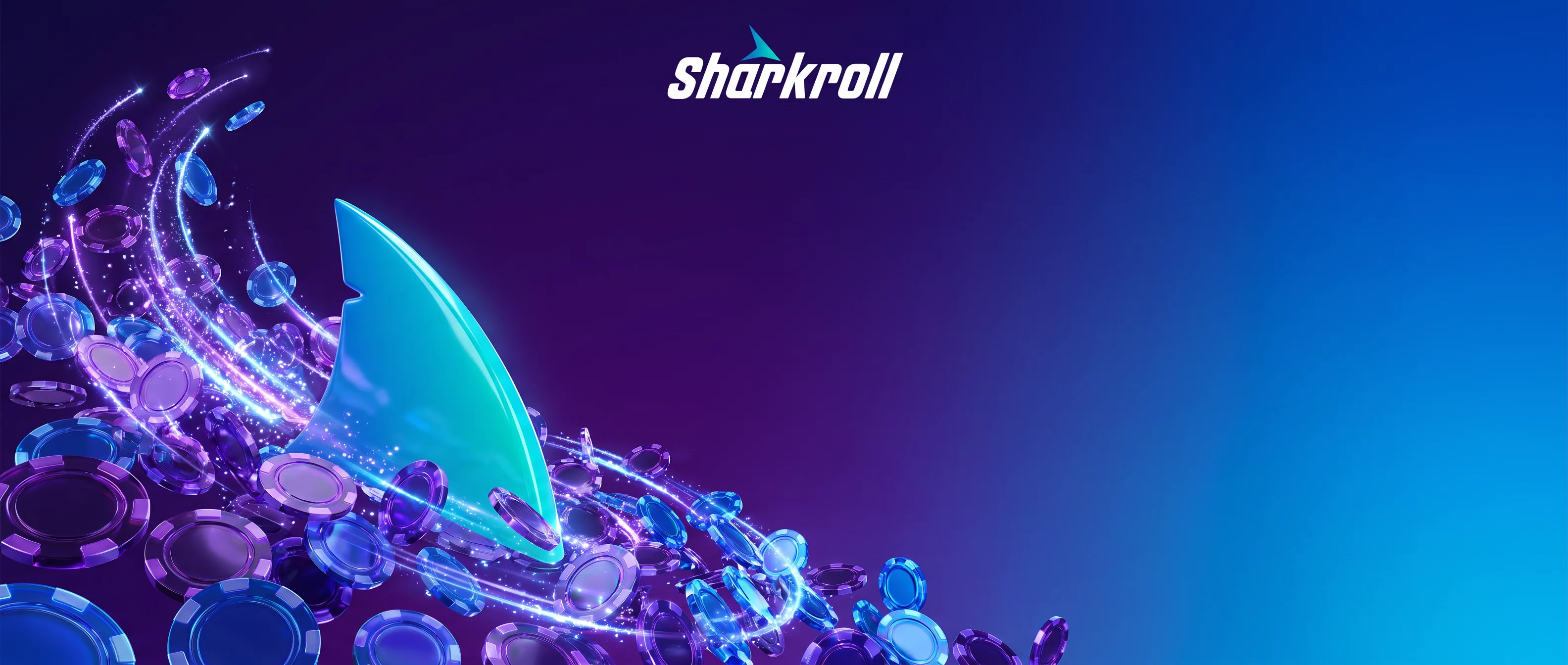 Turquoise Sharkroll-haaienvin omringd door blauwe en paarse casinofiches